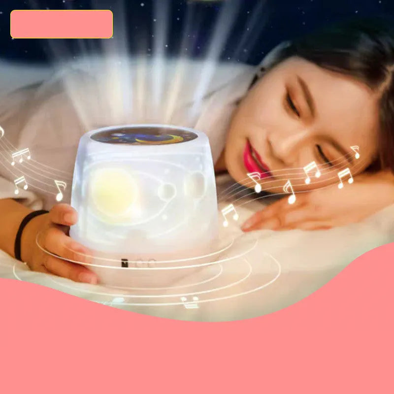 Pruixin PRX1363 LED projector night light displaying rotating star pattern on a ceiling.