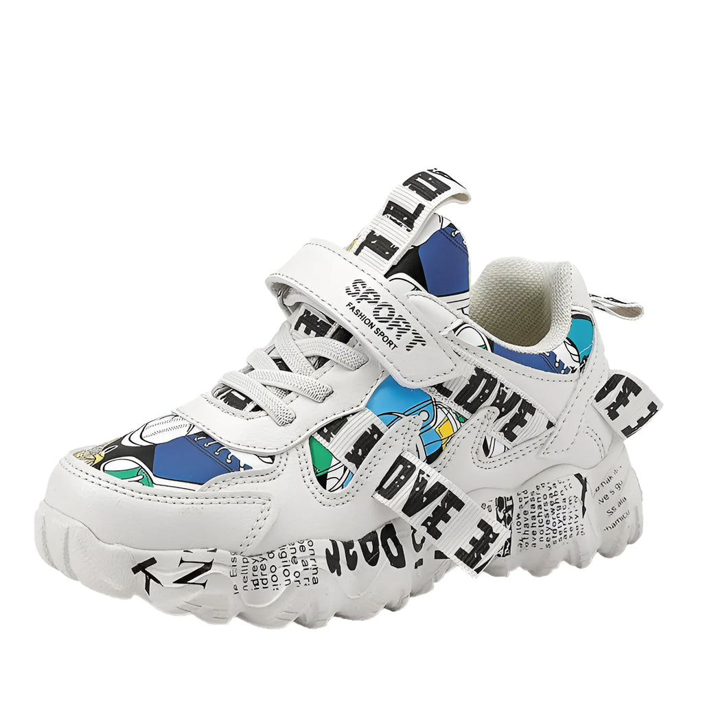 Kids Velcro sports sneakers with thick rubber soles in beige blue, white red, and bright red colours