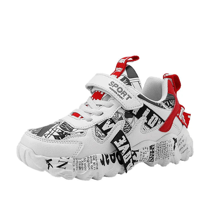 Kids Velcro sports sneakers with thick rubber soles in beige blue, white red, and bright red colours