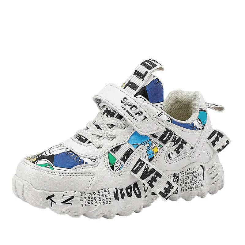Kids Velcro sports sneakers with thick rubber soles in beige blue, white red, and bright red colours