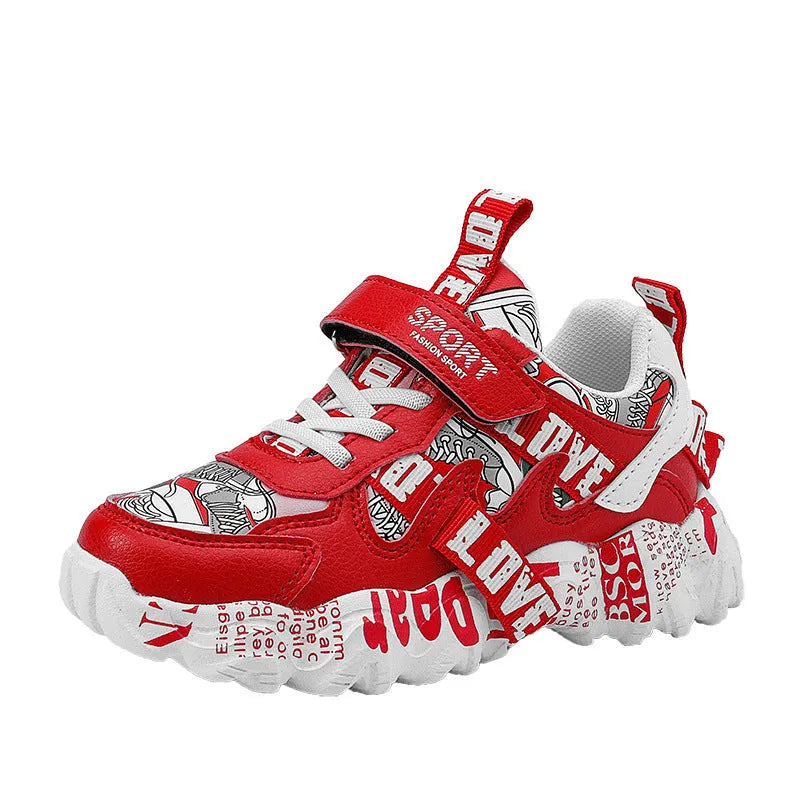 Kids Velcro sports sneakers with thick rubber soles in beige blue, white red, and bright red colours