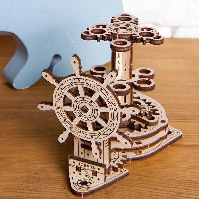 Wooden steering wheel mechanical model rotating pen holder on desk