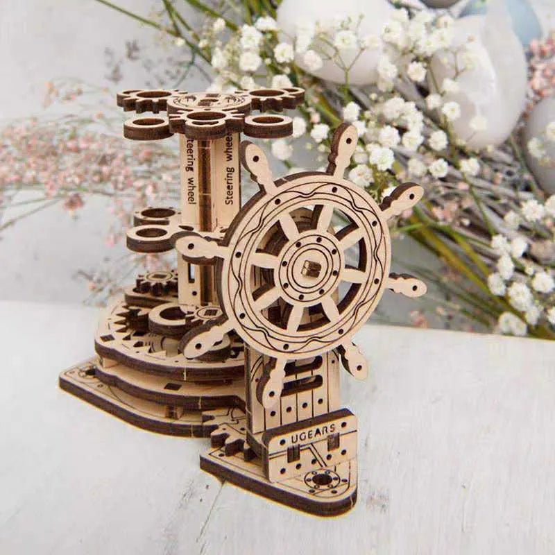 Wooden steering wheel mechanical model rotating pen holder on desk