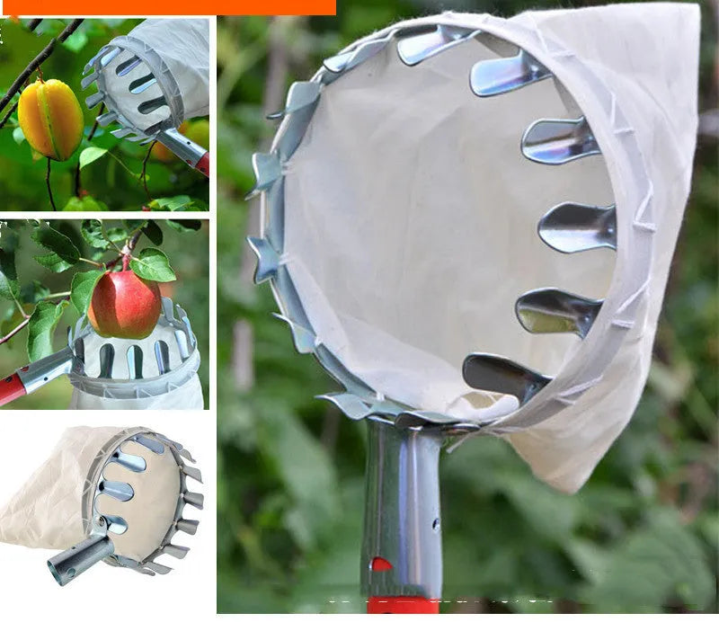 Steel frame fruit picker with cloth catching bag for garden harvesting