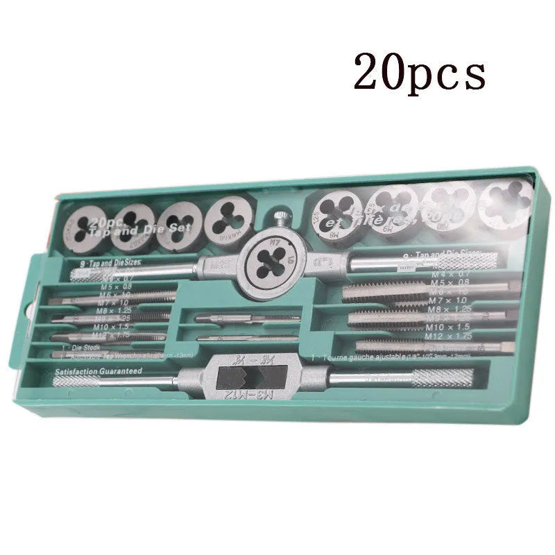 Alloy steel metric tap and die set with 20 pieces for manual thread cutting