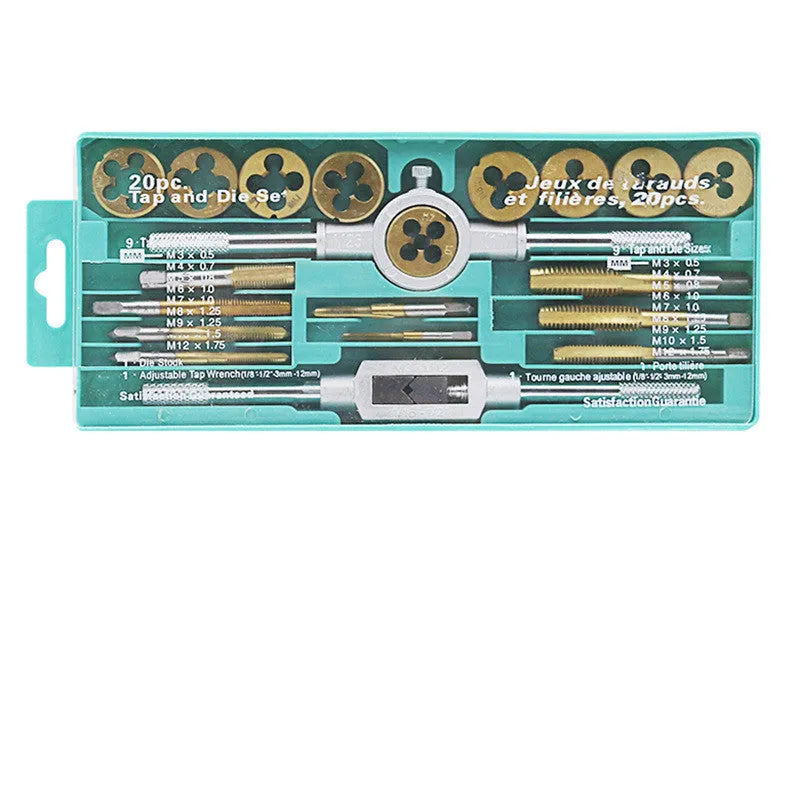 Alloy steel metric tap and die set with 20 pieces for manual thread cutting