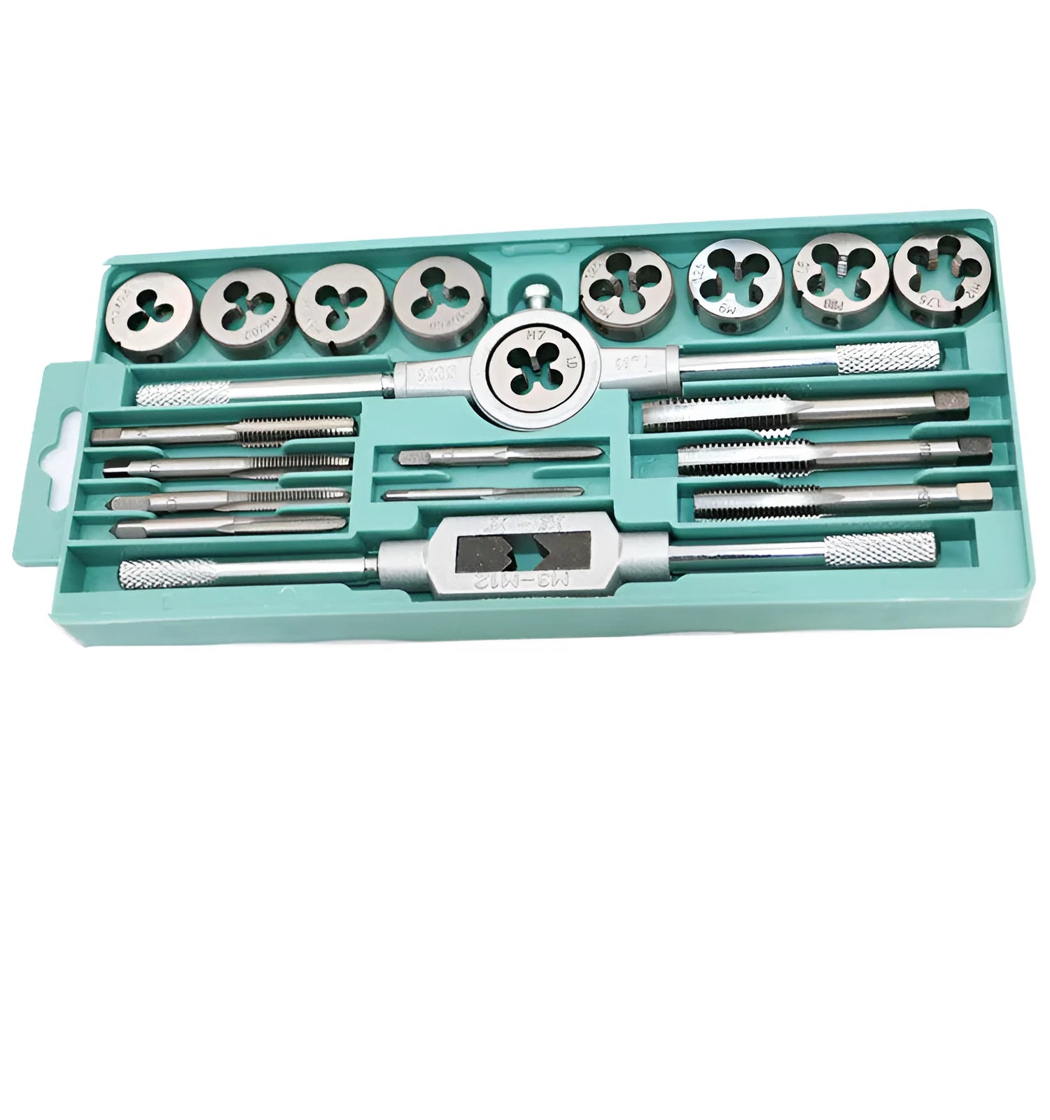 Alloy steel metric tap and die set with 20 pieces for manual thread cutting