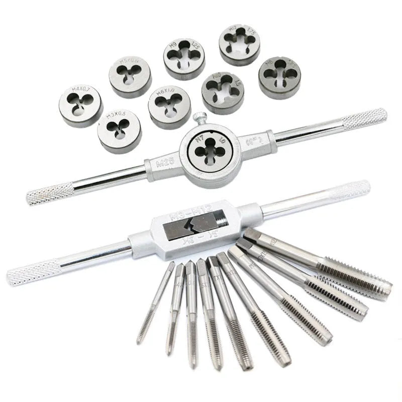 Alloy steel metric tap and die set with 20 pieces for manual thread cutting