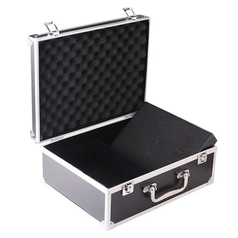 Black aluminium alloy tattoo equipment storage box with tattoo machine and ink bottles inside