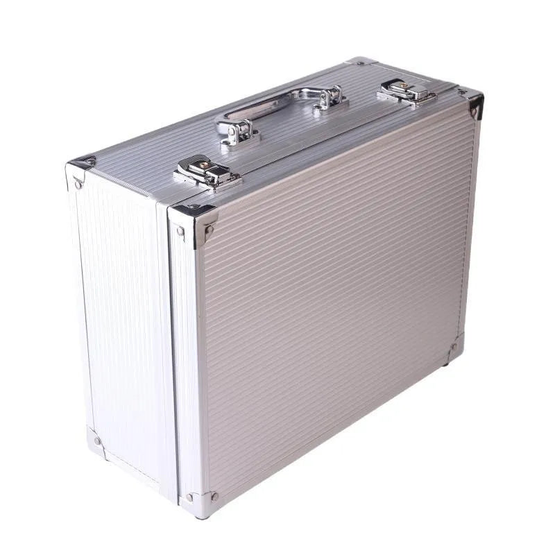 Black aluminium alloy tattoo equipment storage box with tattoo machine and ink bottles inside