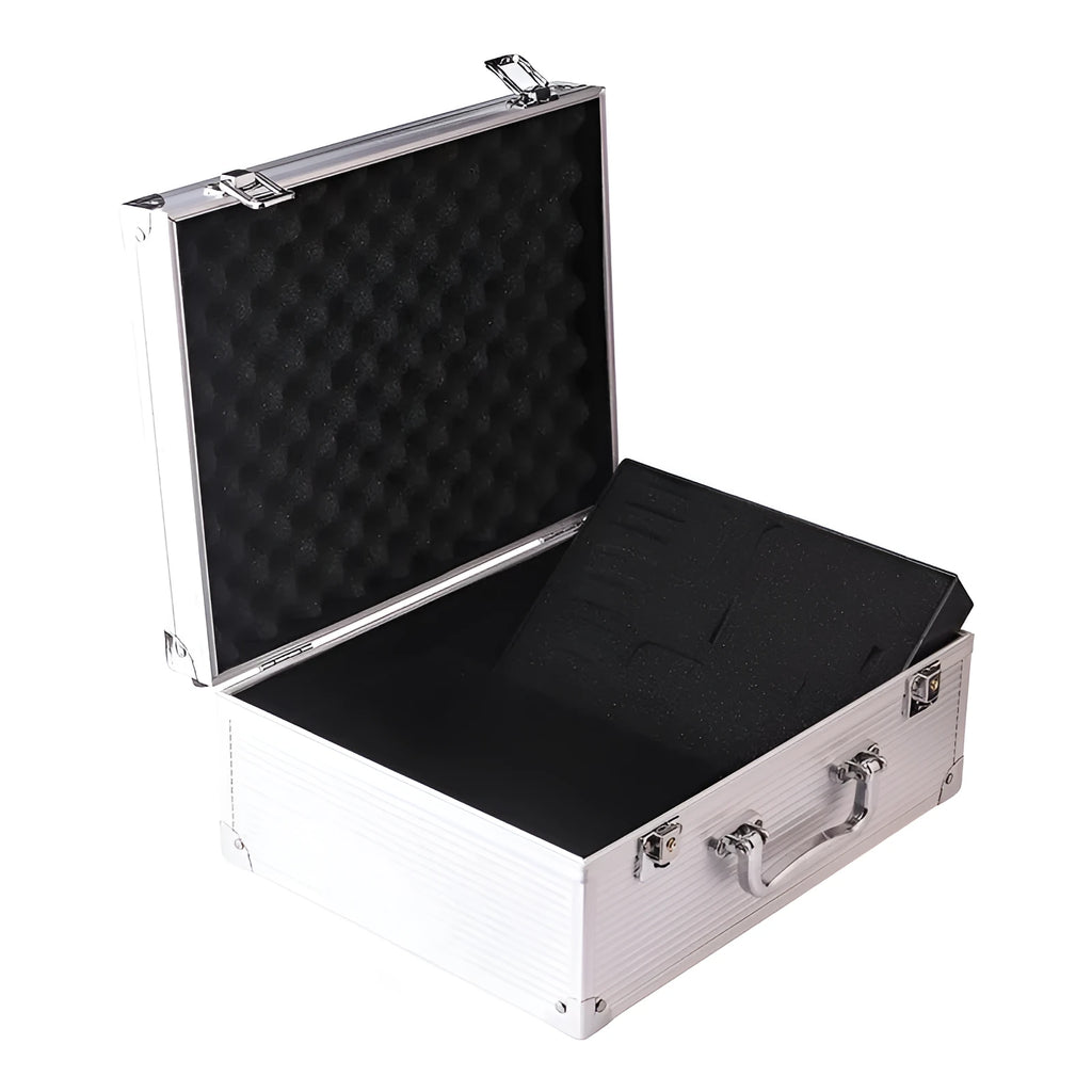 Black aluminium alloy tattoo equipment storage box with tattoo machine and ink bottles inside