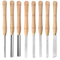 Eight chrome vanadium steel woodturning tools arranged inside a wooden storage box.
