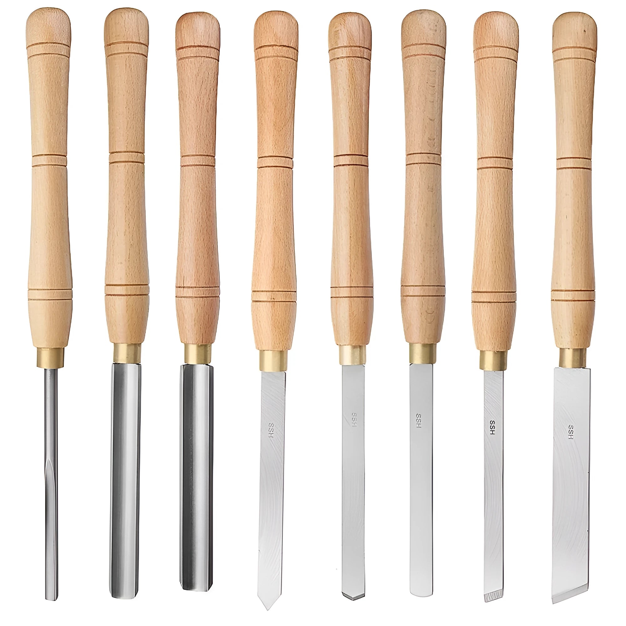 Eight chrome vanadium steel woodturning tools arranged inside a wooden storage box.