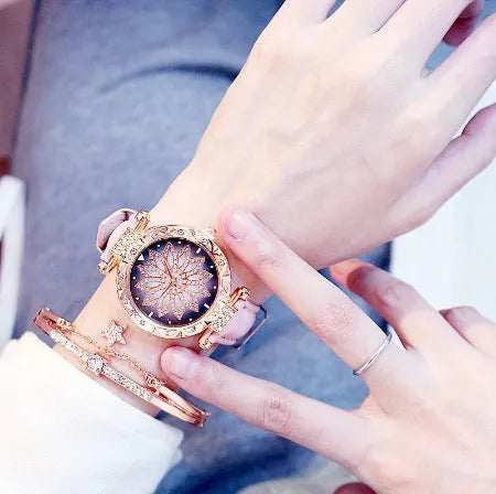 Diamond women's watch with round 32mm dial, mineral glass, and PU case in multiple colour options