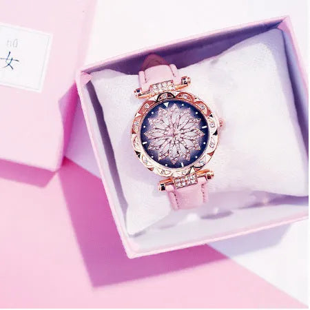 Diamond women's watch with round 32mm dial, mineral glass, and PU case in multiple colour options