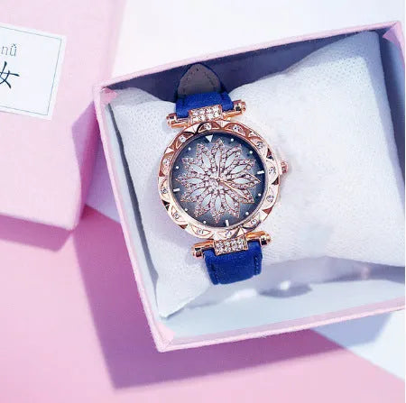 Diamond women's watch with round 32mm dial, mineral glass, and PU case in multiple colour options