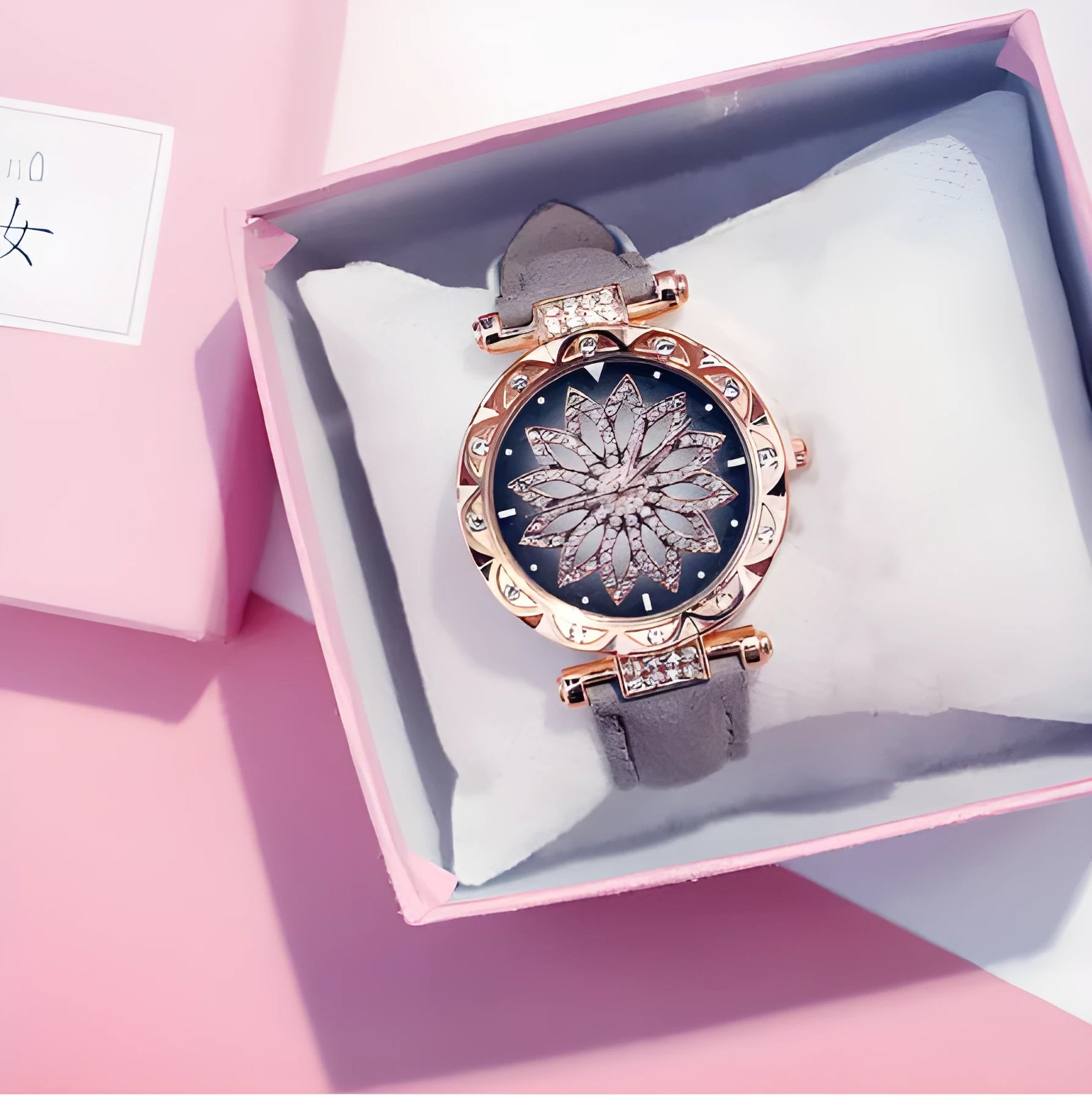 Diamond women's watch with round 32mm dial, mineral glass, and PU case in multiple colour options