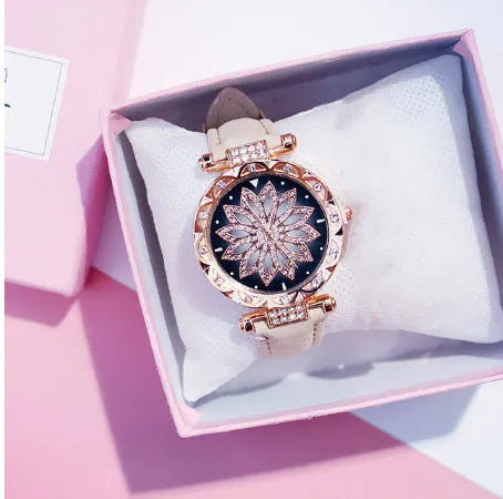 Diamond women's watch with round 32mm dial, mineral glass, and PU case in multiple colour options