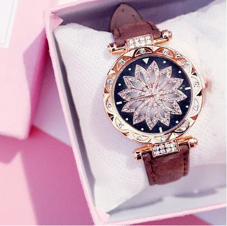 Diamond women's watch with round 32mm dial, mineral glass, and PU case in multiple colour options