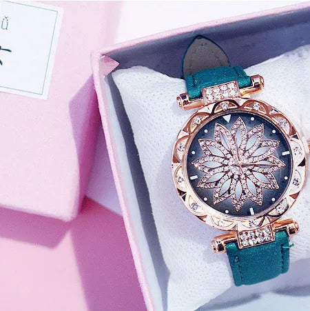 Diamond women's watch with round 32mm dial, mineral glass, and PU case in multiple colour options