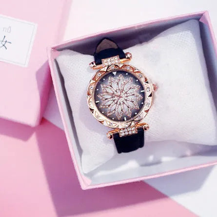 Diamond women's watch with round 32mm dial, mineral glass, and PU case in multiple colour options