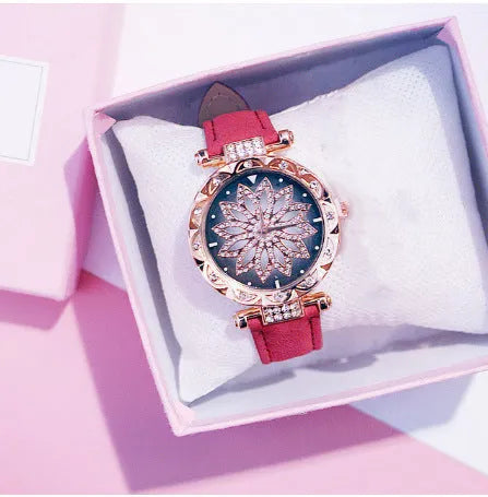 Diamond women's watch with round 32mm dial, mineral glass, and PU case in multiple colour options