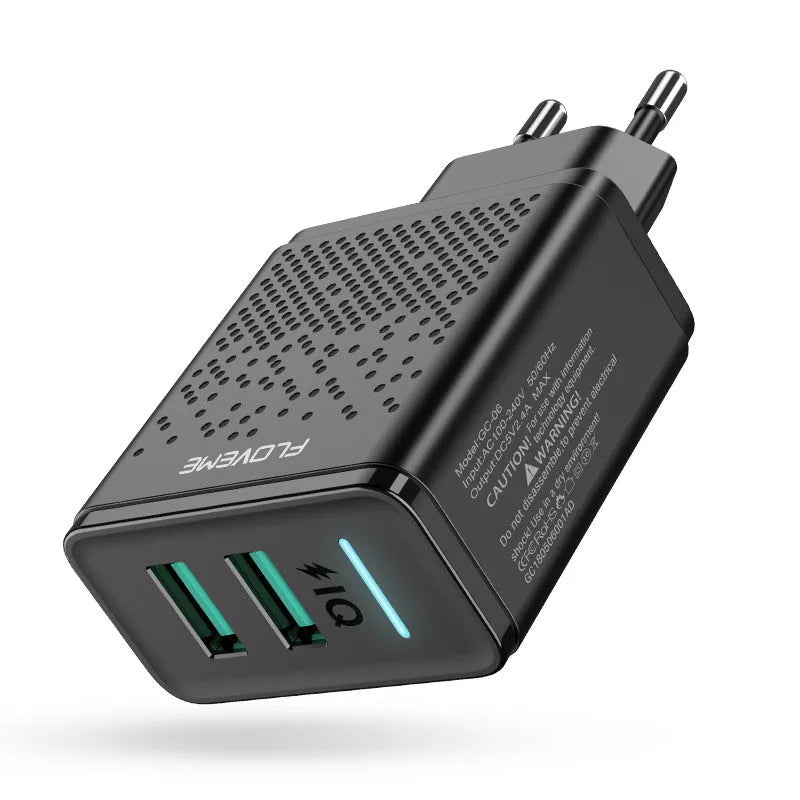 Fromi dual port USB wall charger with EU two-pin plug in black and white colour options.
