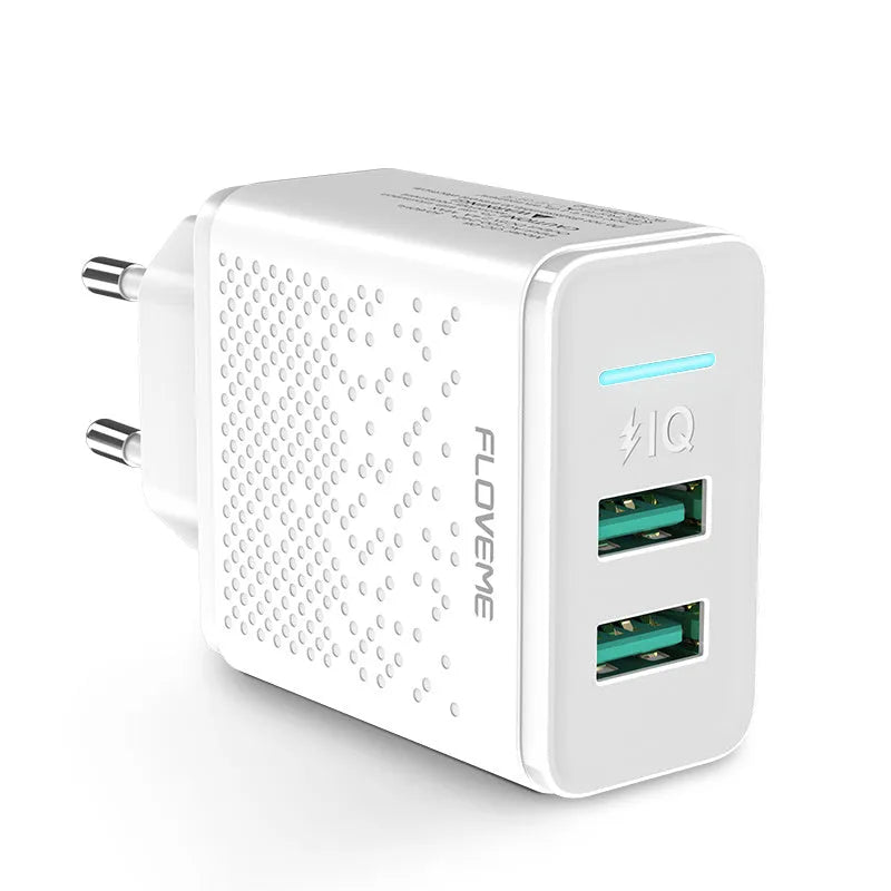 Fromi dual port USB wall charger with EU two-pin plug in black and white colour options.