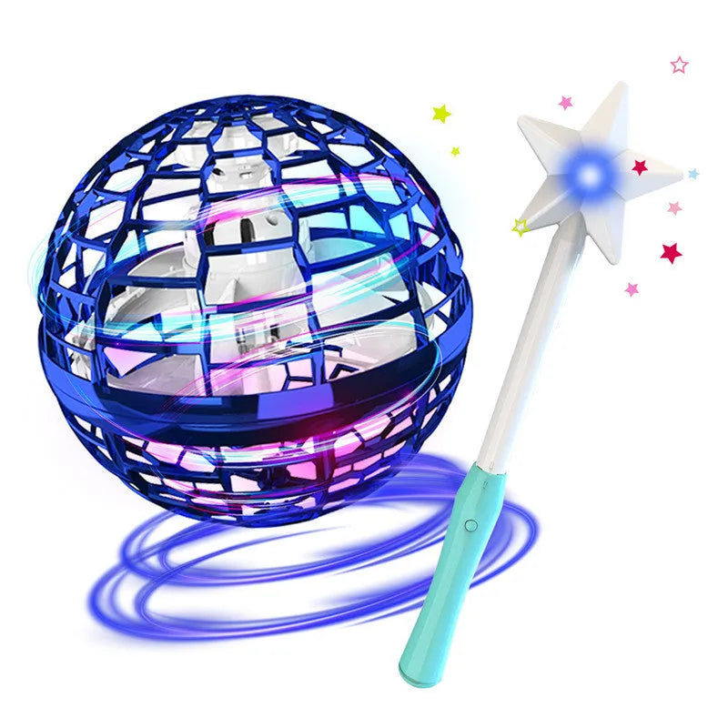 Blue spinning flying ball toy with LED lights hovering above a child's hand, with a magic wand accessory.