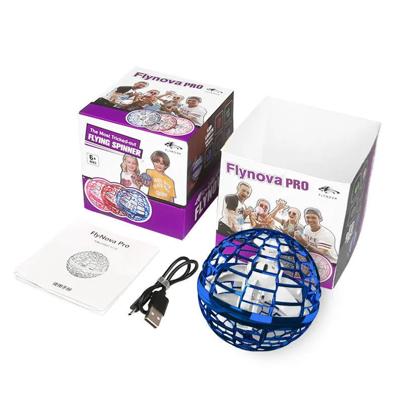Blue spinning flying ball toy with LED lights hovering above a child's hand, with a magic wand accessory.