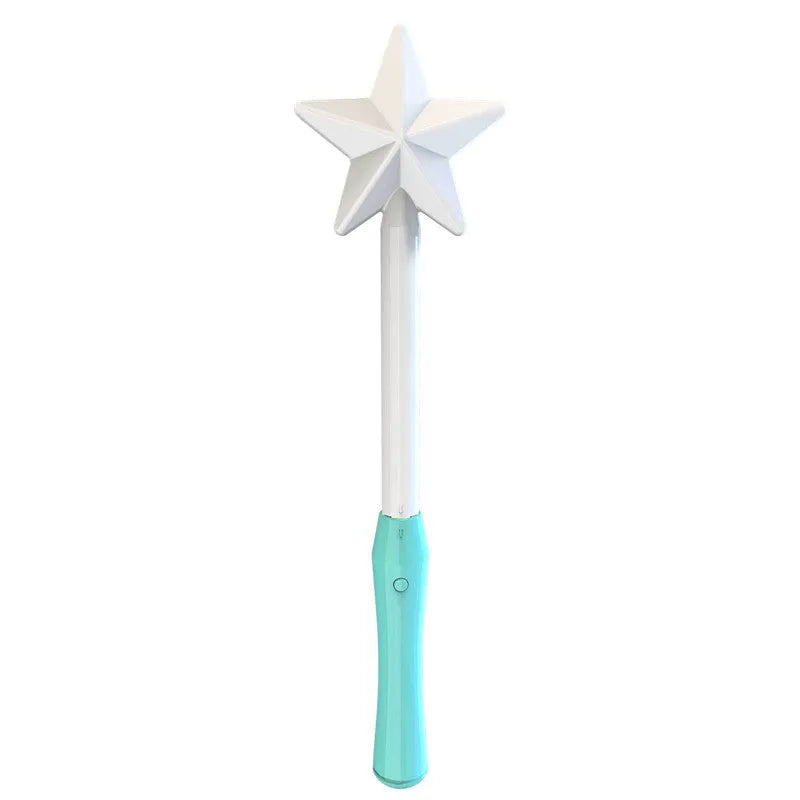 Blue spinning flying ball toy with LED lights hovering above a child's hand, with a magic wand accessory.