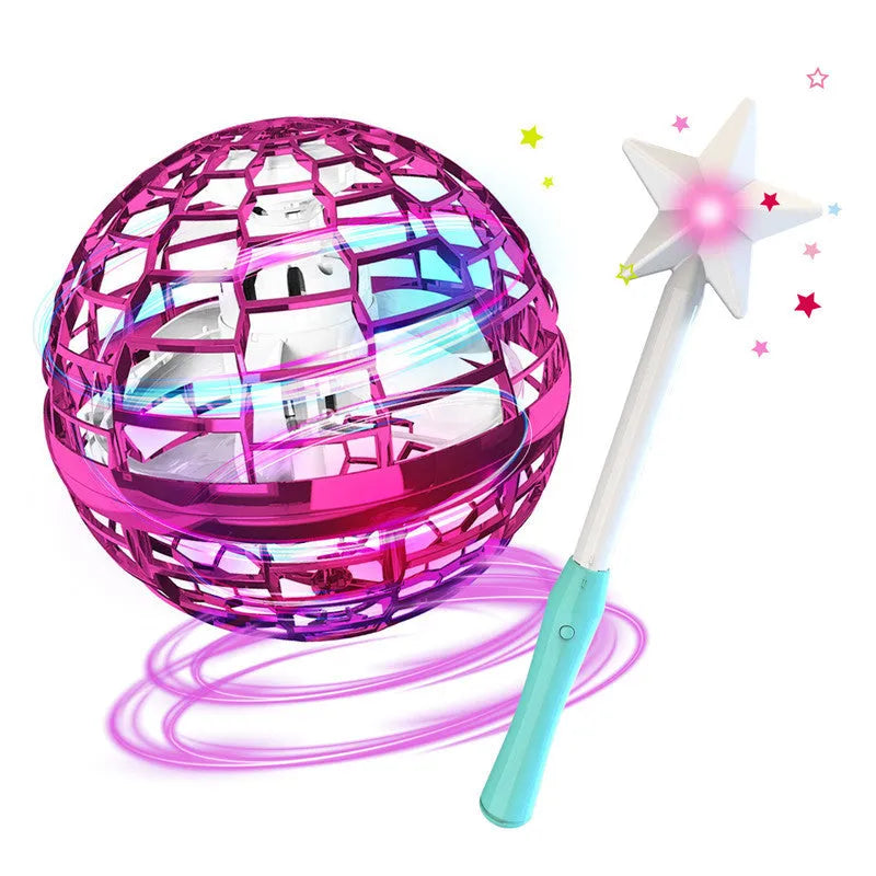 Blue spinning flying ball toy with LED lights hovering above a child's hand, with a magic wand accessory.