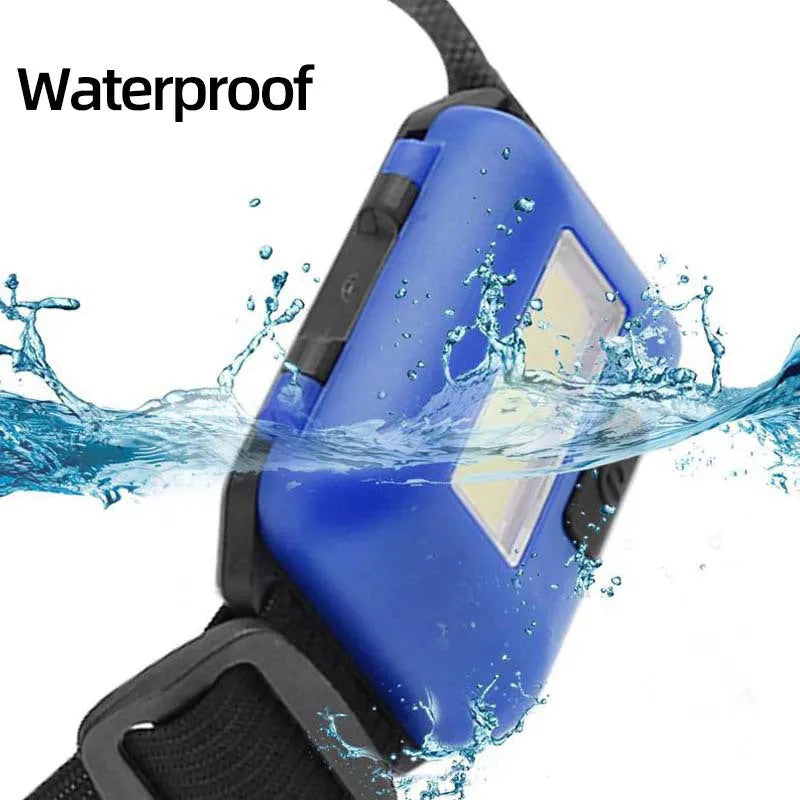 Compact blue outdoor LED headlight with adjustable head strap on a black background.