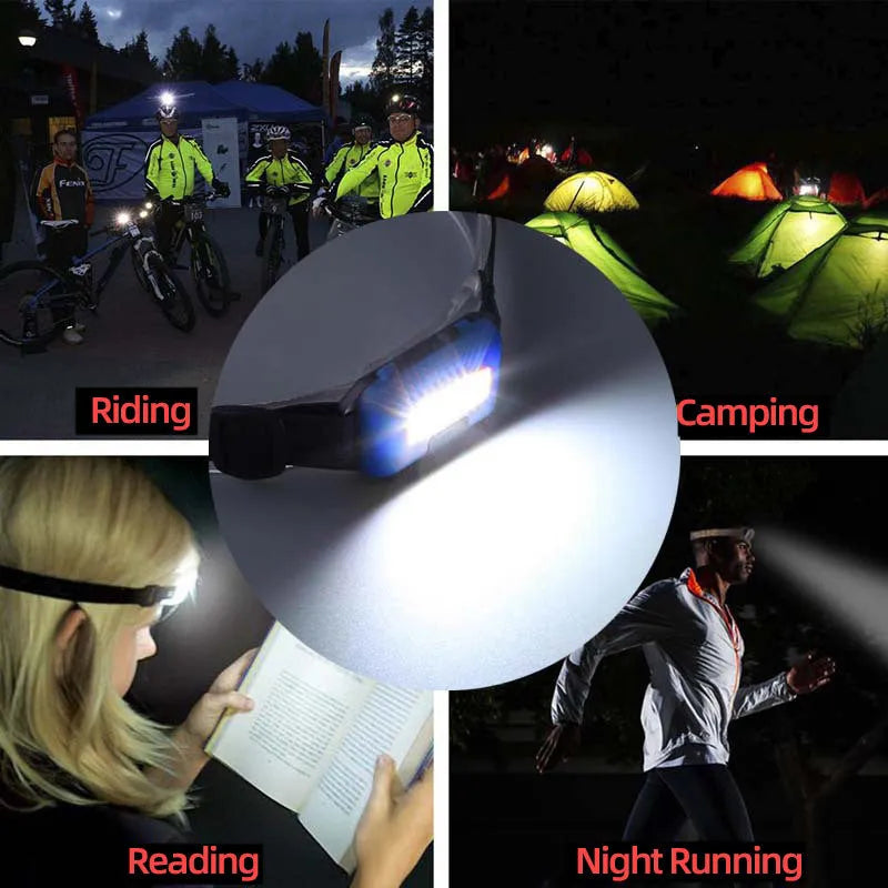 Compact blue outdoor LED headlight with adjustable head strap on a black background.