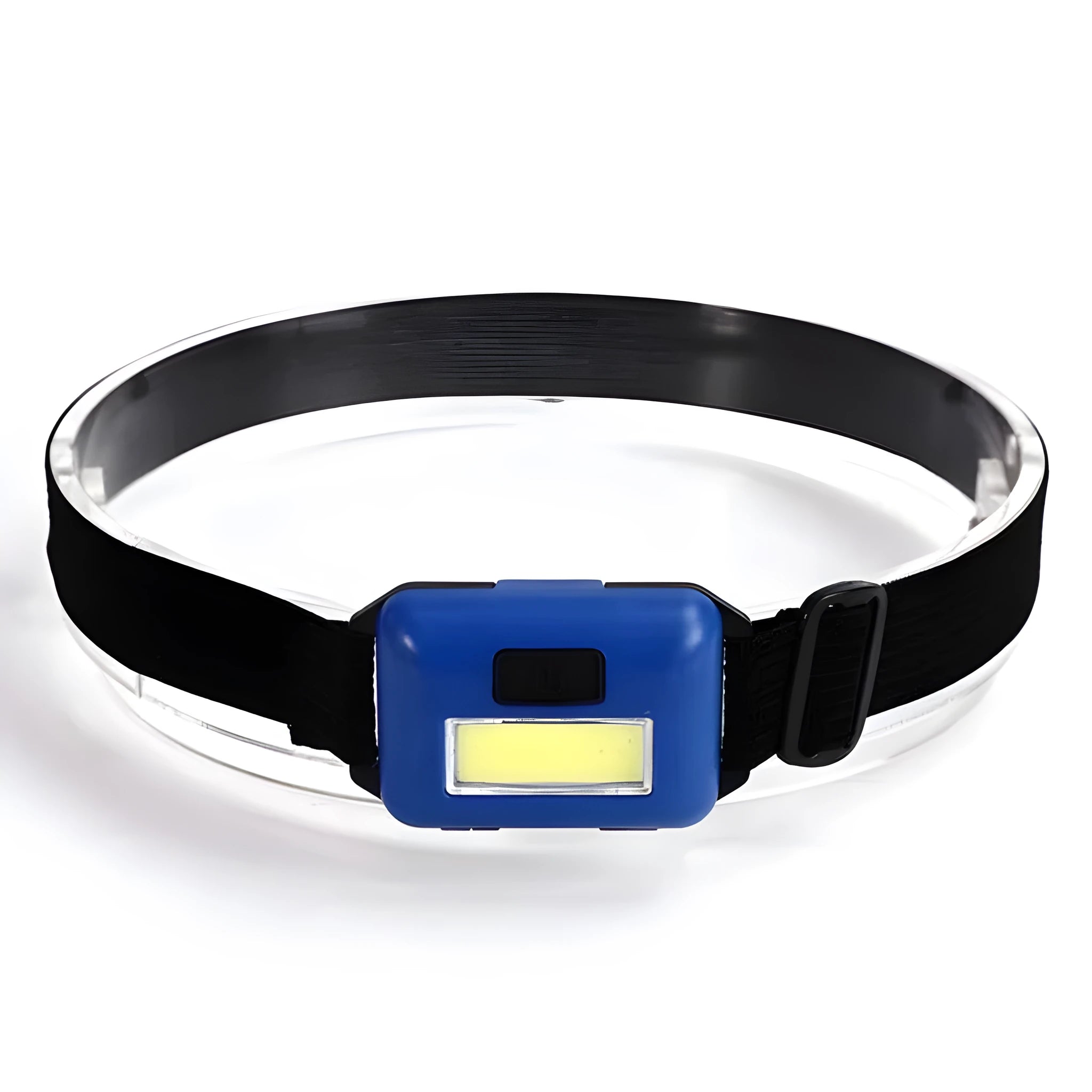 Compact blue outdoor LED headlight with adjustable head strap on a black background.