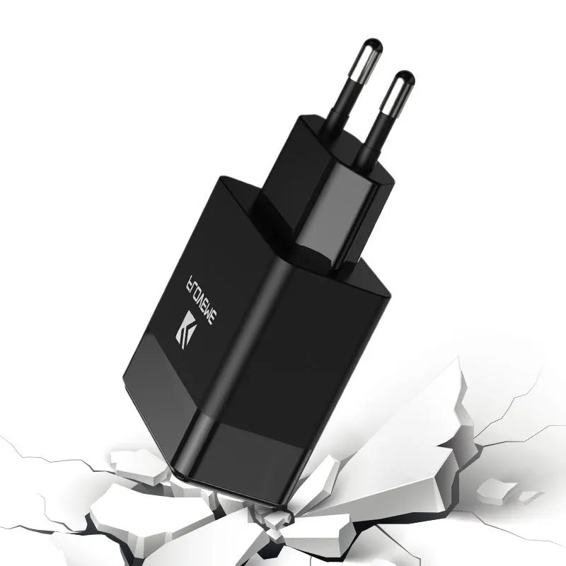 Black and white travel chargers with US and European plug compatibility for mobile phone charging