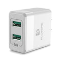 Black and white travel chargers with US and European plug compatibility for mobile phone charging