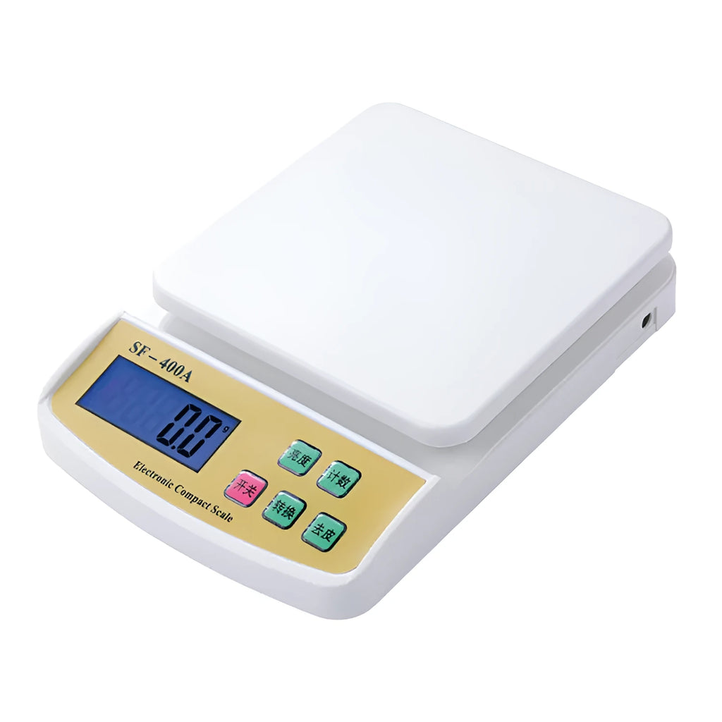 SF-400A black electronic kitchen scale with digital display on a kitchen counter.