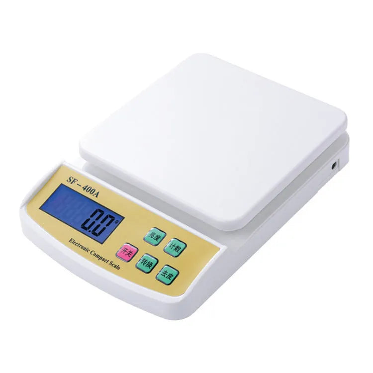 SF-400A black electronic kitchen scale with digital display on a kitchen counter.