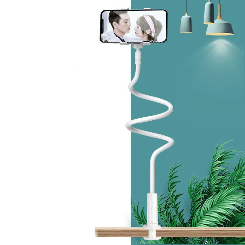 Blue mobile phone holder with adjustable arm clamped to a bedside table