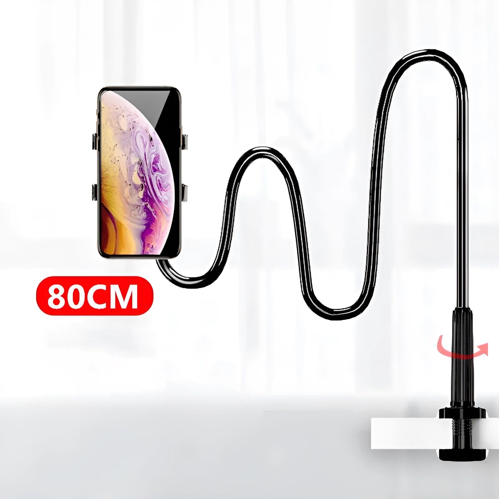 Blue mobile phone holder with adjustable arm clamped to a bedside table