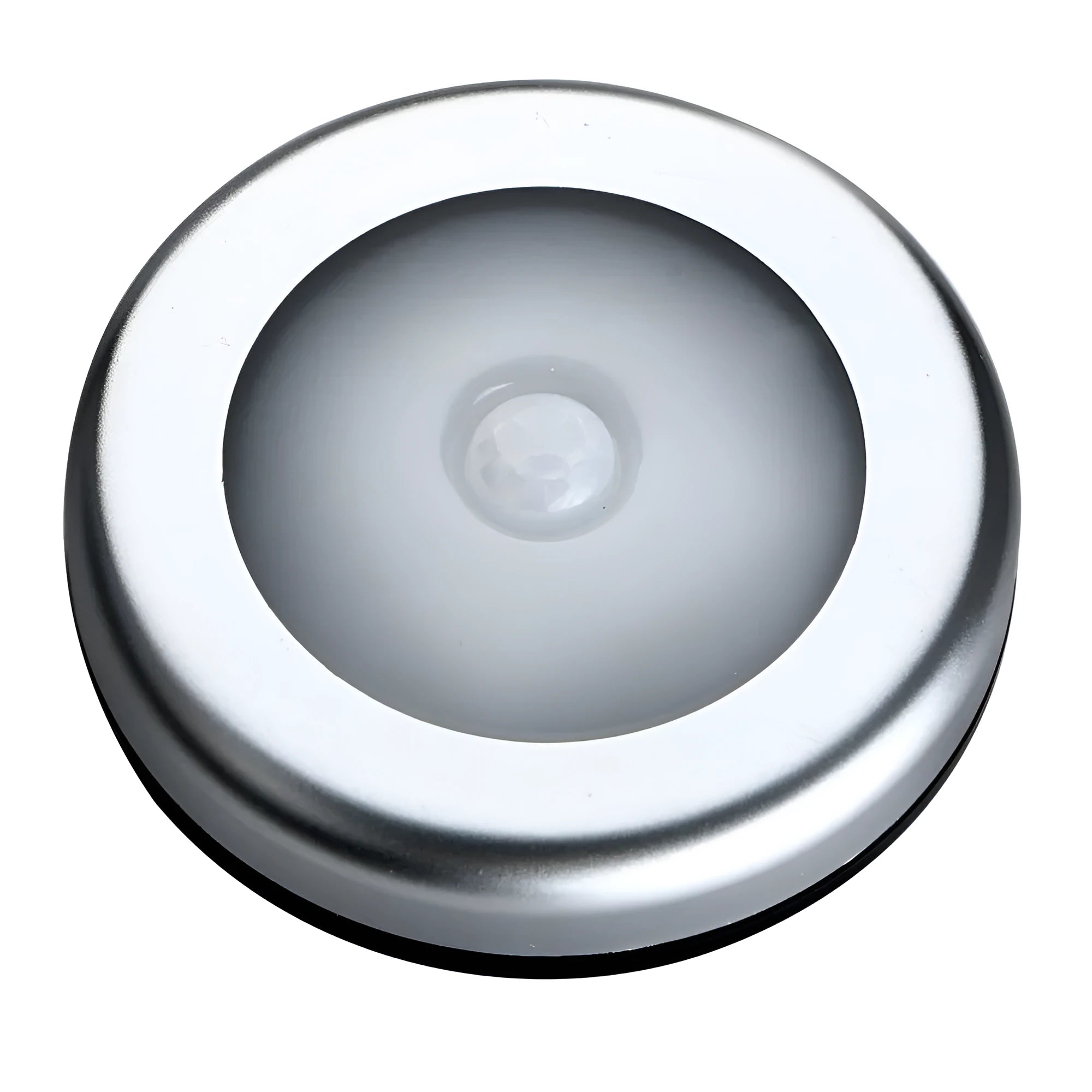 Silver round wireless motion sensor LED night light with adhesive back.