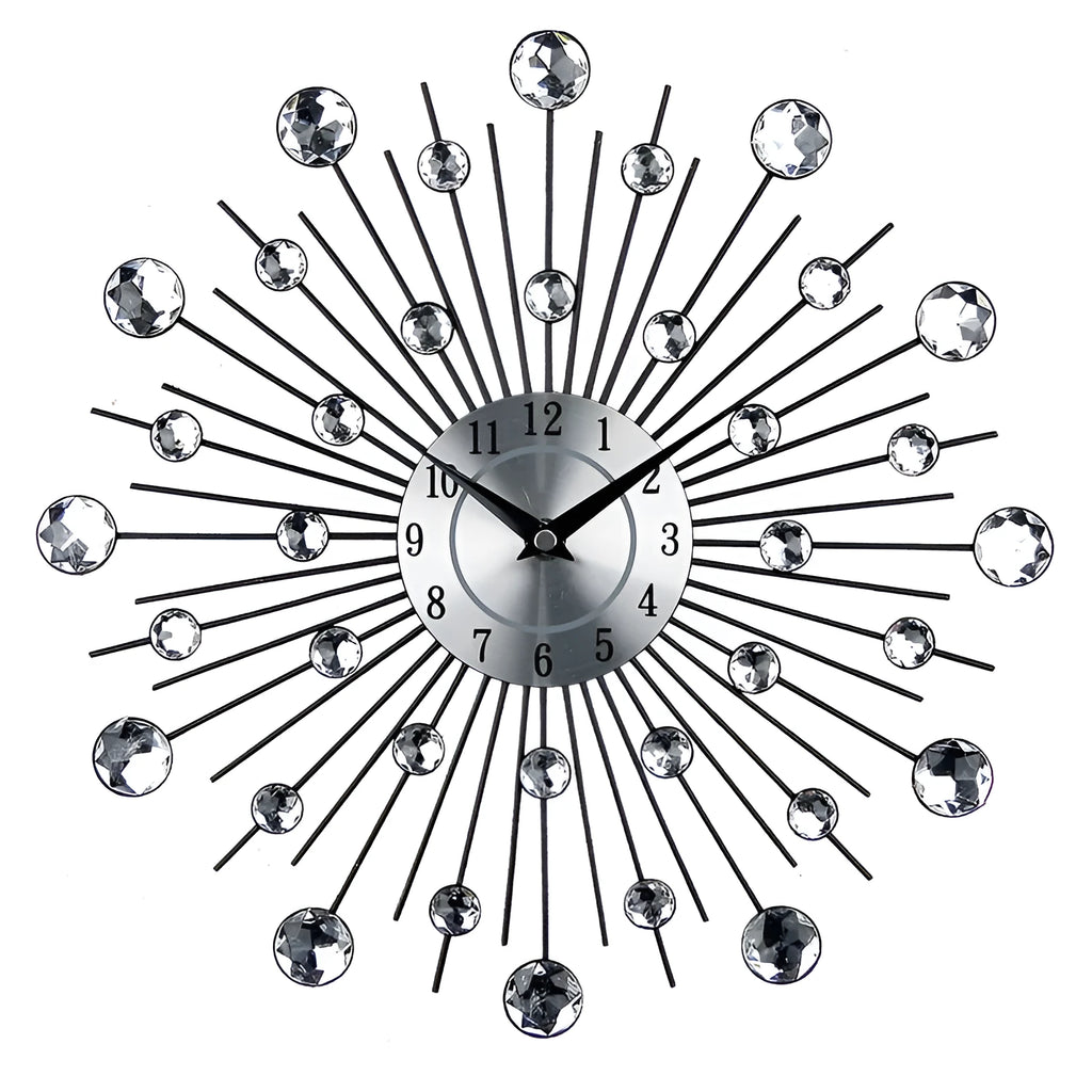 Large silver round wall clock with metal frame and simple number display, 33 cm in diameter.