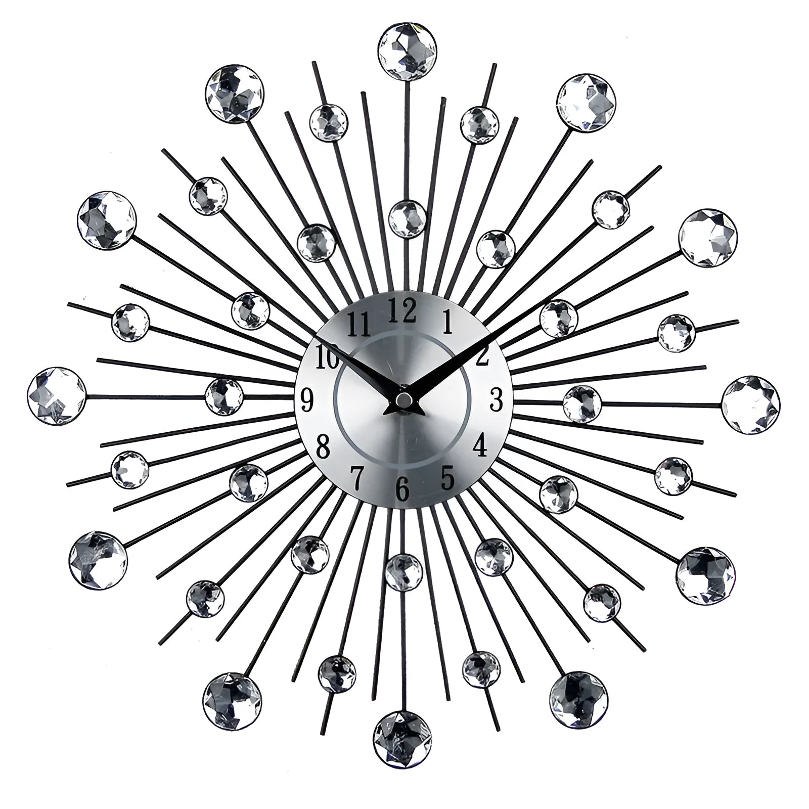 Large silver round wall clock with metal frame and simple number display, 33 cm in diameter.