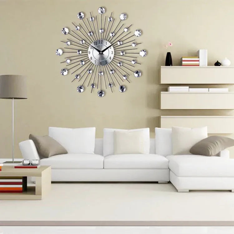 Large silver round wall clock with metal frame and simple number display, 33 cm in diameter.