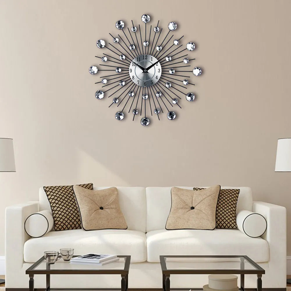Large silver round wall clock with metal frame and simple number display, 33 cm in diameter.