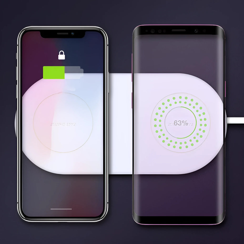 White dual mobile phone wireless charger charging two phones simultaneously