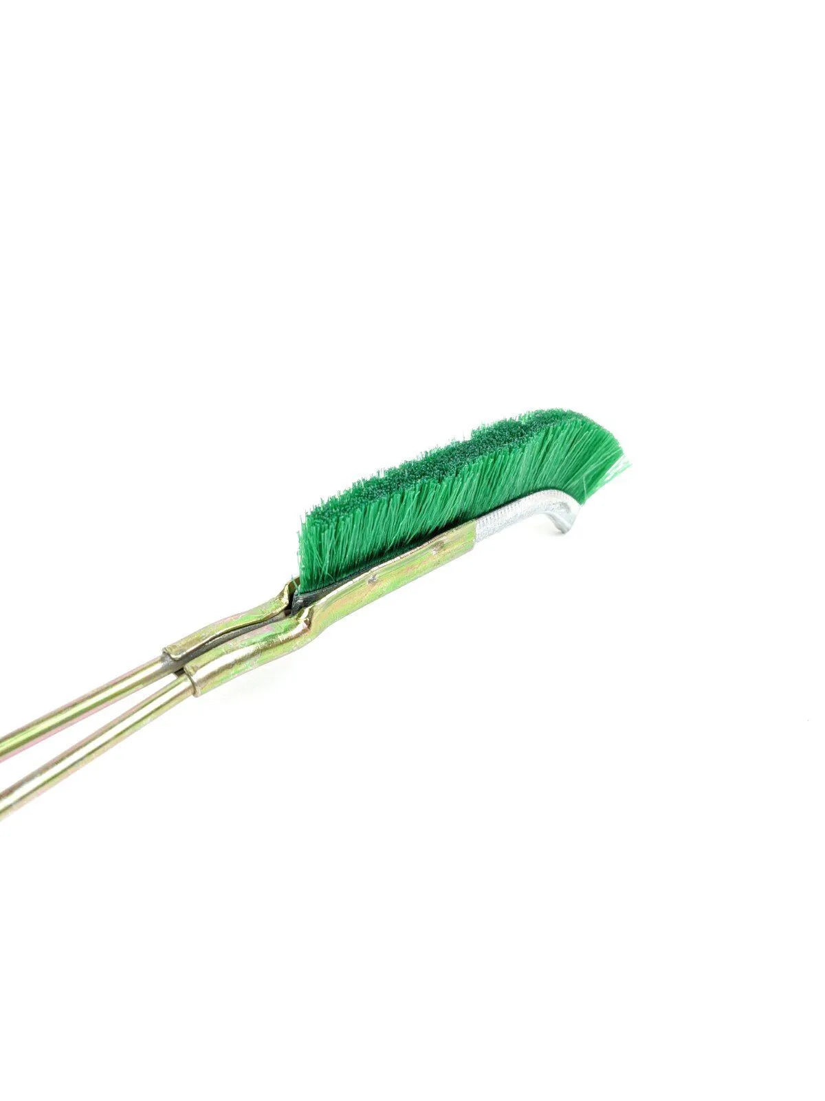 Green elbow-shaped nylon wire brush with metal handle for rust removal and kitchen cleaning