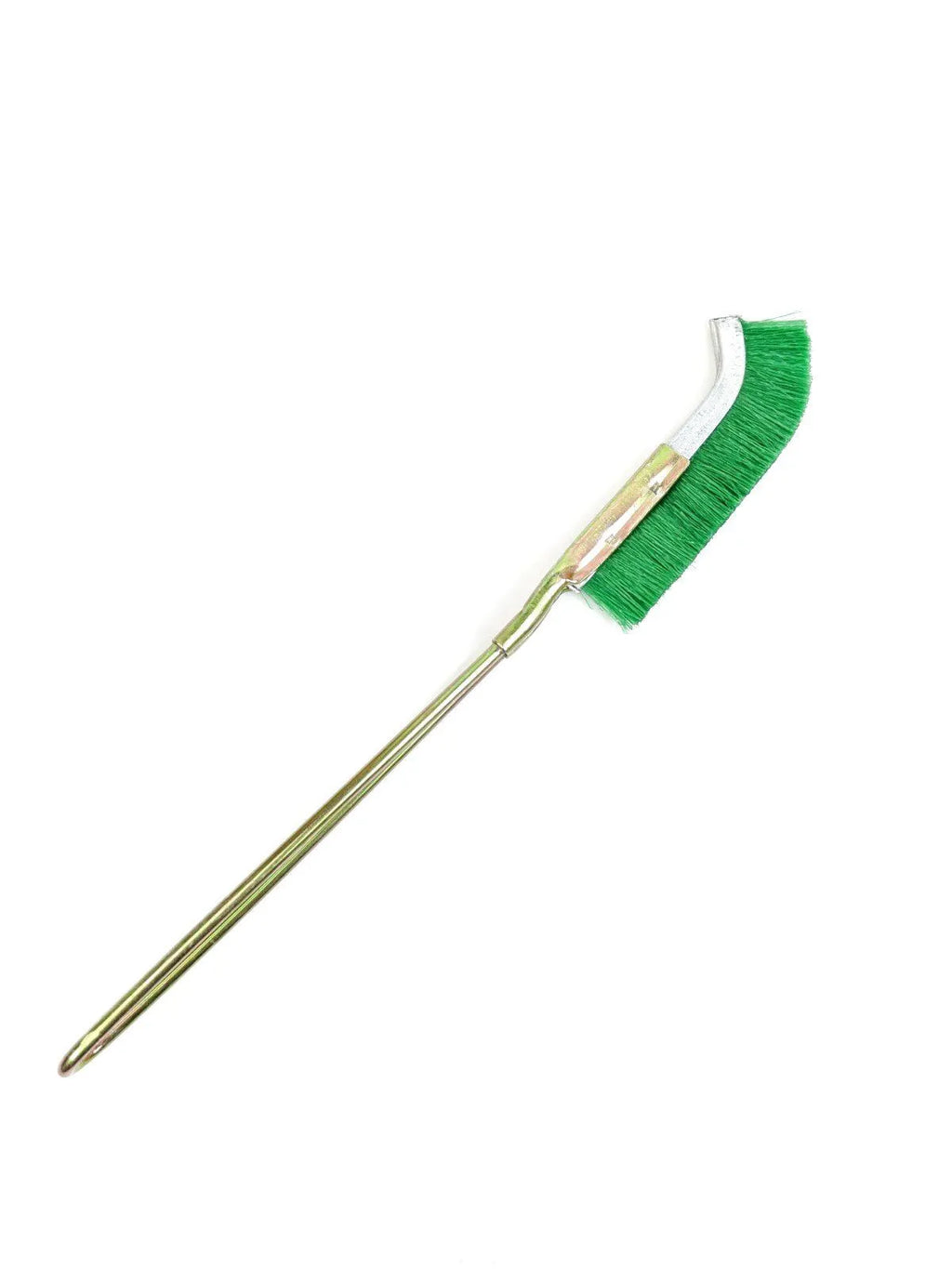 Green elbow-shaped nylon wire brush with metal handle for rust removal and kitchen cleaning