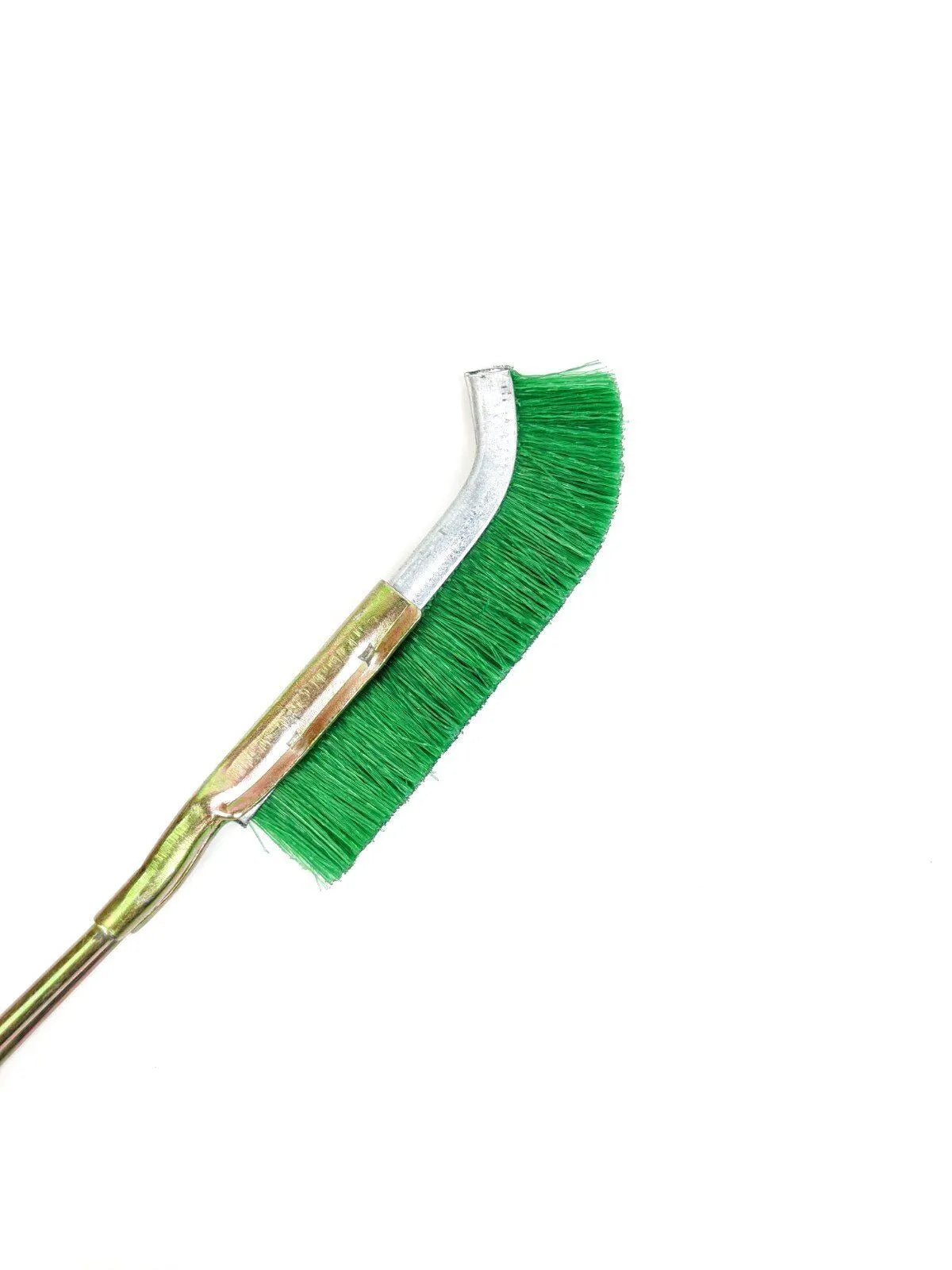 Green elbow-shaped nylon wire brush with metal handle for rust removal and kitchen cleaning